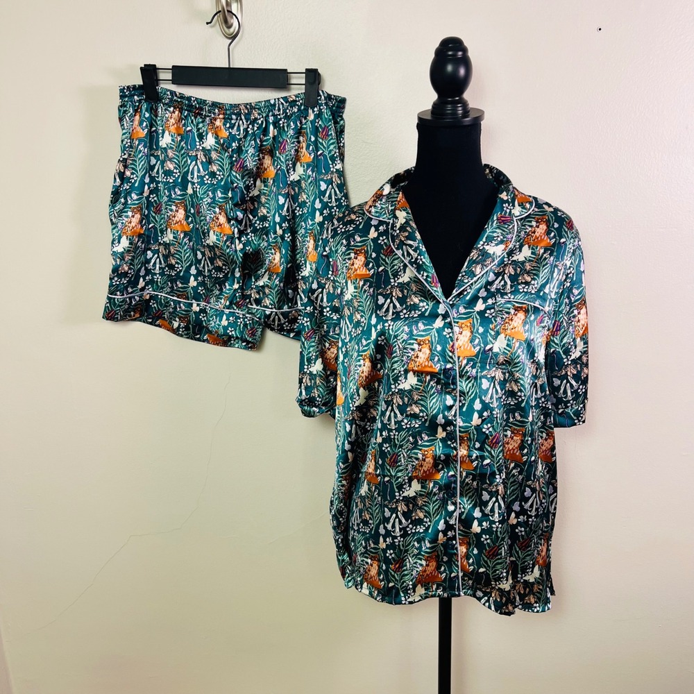 Their Nibs Anthropologie Pajama Set Large Teal Woodland Fox Owl Satin Whimiscal